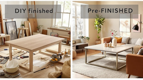 DIY vs Pre-Finished Furniture: Cost Comparison - Image showing DIY table on left and pre-finished table on right.