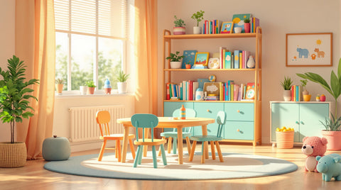 Kids Furniture Safety: Essential Checklist - colorful kids' playroom with sturdy furniture and bookshelves.