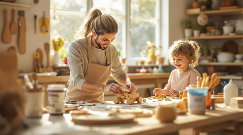 10 Tips for Safe Wood Finishing Around Kids - Parent and child working on wooden projects in a safe environment.
