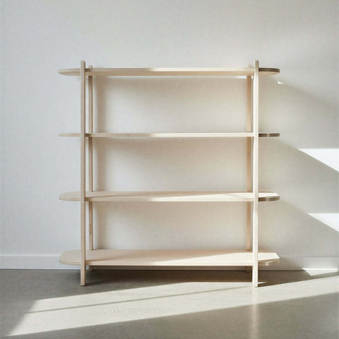 Elevate Your Space with Our New Four-Tier Modern Shelf displayed in a bright, minimalist room.