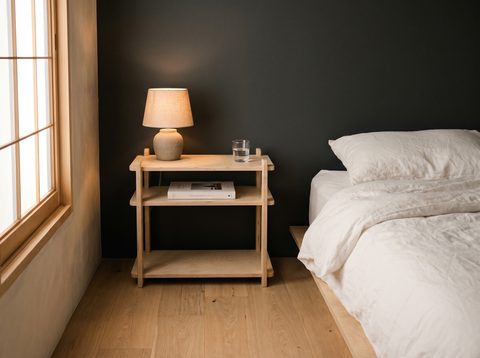 UNFNSHED Modern Nightstand in natural Baltic birch as a japandi bedside table in a small bedroom