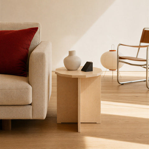 UNFNSHED side table finished with warm oil, showing rich grain texture and amber tone