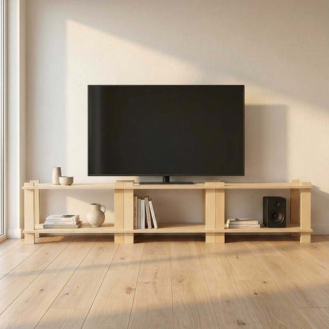 UNFNSHED Modular Shelf used as a minimalist TV stand alternative