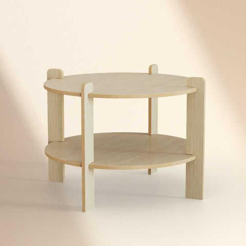 Coffee Table Assembly with a modern round wooden design featuring two shelves for storage.