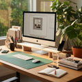 Home office desk with monitor stand, computer, books, and plants