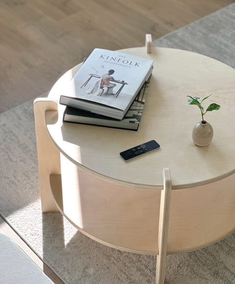 Minimalist coffee table with books and a small plant, bathed in soft natural light.