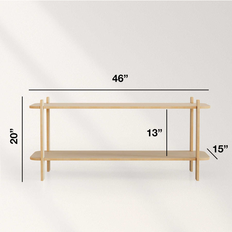 Modern Shelf dimensions: 46" wide, 20" high, 15" deep, perfect for displaying books and plants.
