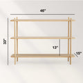 Dimensions of a Modern Shelf showing height 33", width 46", and depth 13" with three tiers.
