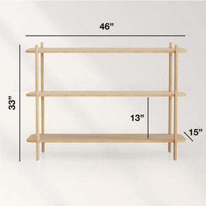 Dimensions of a Modern Shelf showing height 33", width 46", and depth 13" with three tiers.