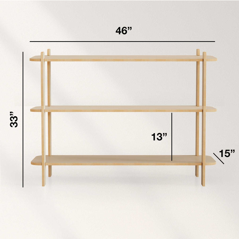 Dimensions of a Modern Shelf showing height 33", width 46", and depth 13" with three tiers.