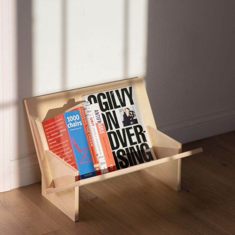Stylish book and record holder showcasing books in a modern, tool-free design for versatile display.