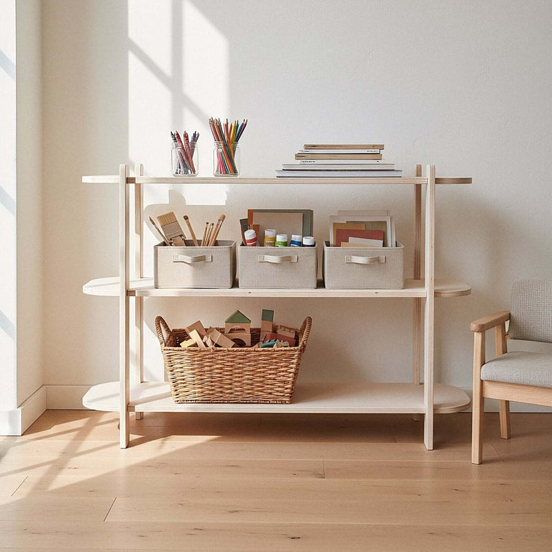 Modern Shelf in a kids' room with craft bins and a basket of wooden blocks