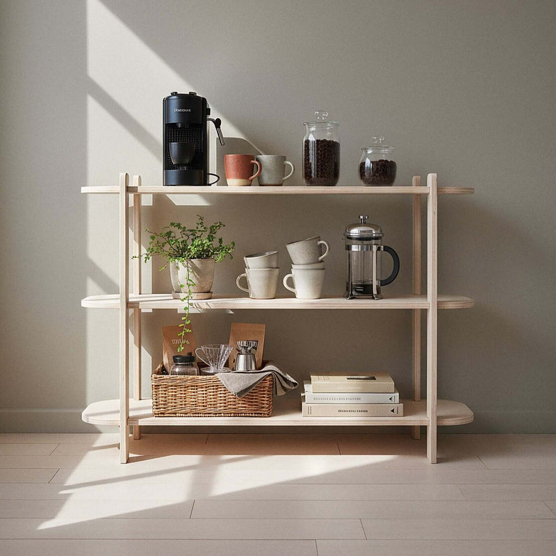 Modern Shelf set up as a coffee bar with a machine, mugs and a French press