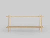 Minimalist wooden shelving unit with two levels, perfect for modern decor and storage solutions.