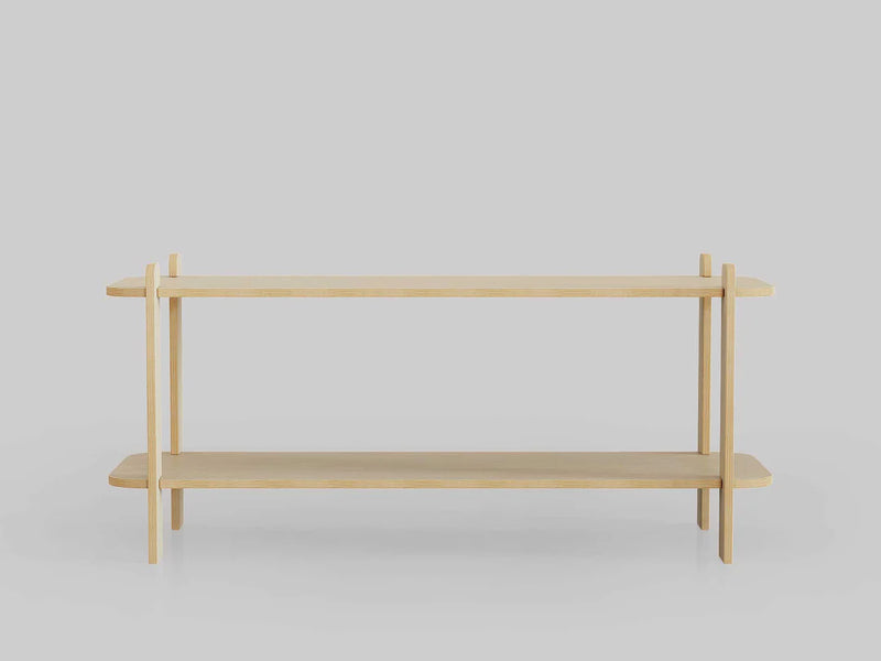 Minimalist wooden shelving unit with two levels, perfect for modern decor and storage solutions.