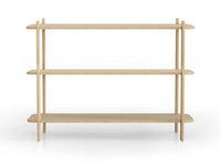 Minimalist wooden shelving unit with three open tiers for storage or display.