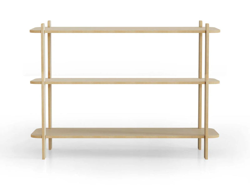 Minimalist wooden shelving unit with three open tiers for storage or display.