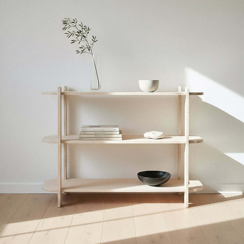 Large unfinished modern shelf displayed in a bright living room setting