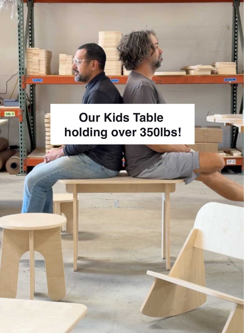 Two men sitting back to back on a strong eco-friendly kids table, showcasing its durability holding over 350lbs.