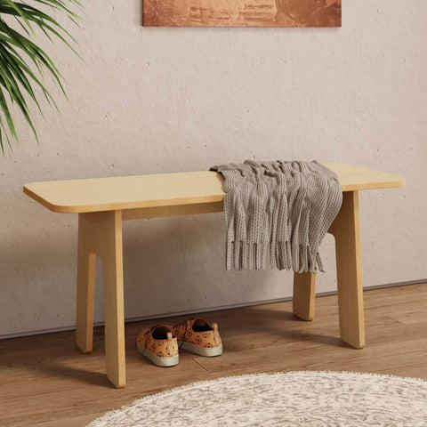 Unfinished modern wood bench with clean lines for entryway or dining room