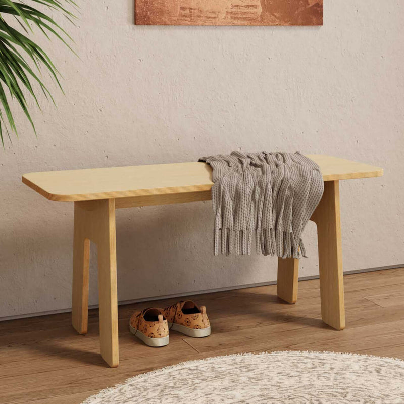 Unfinished modern wood bench with clean lines for entryway or dining room