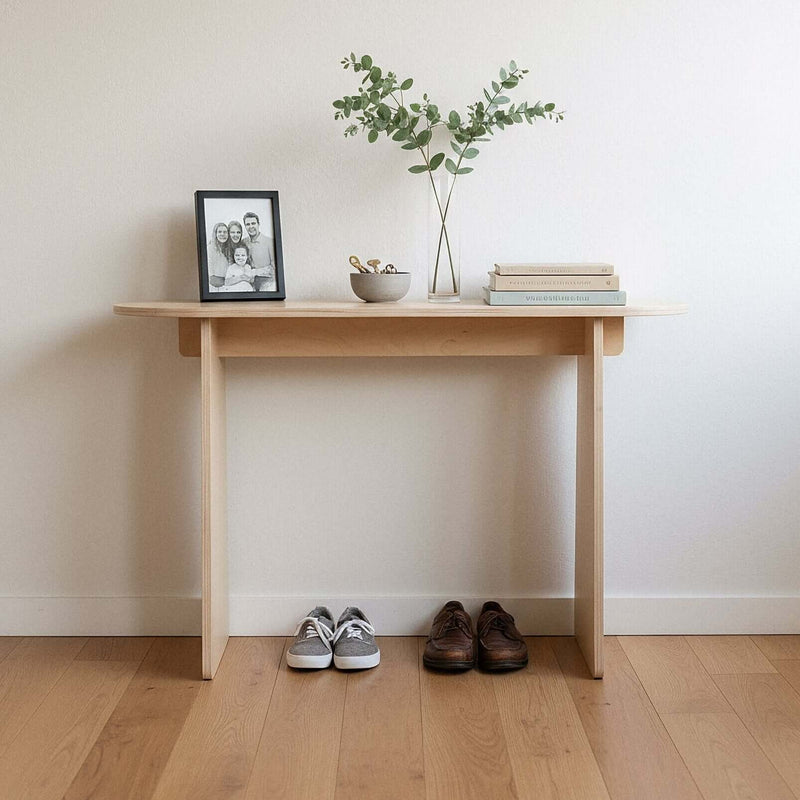 Modern Console Table in an entryway with a family photo, books and a plant, shoes underneath