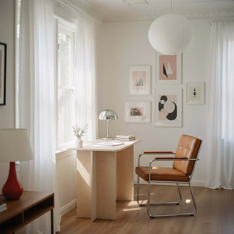 Modern Desk in a bright, minimalist room with natural light and simple décor.