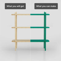 Comparison of wooden shelf: left side shows standard design, right side displays custom colorful version.