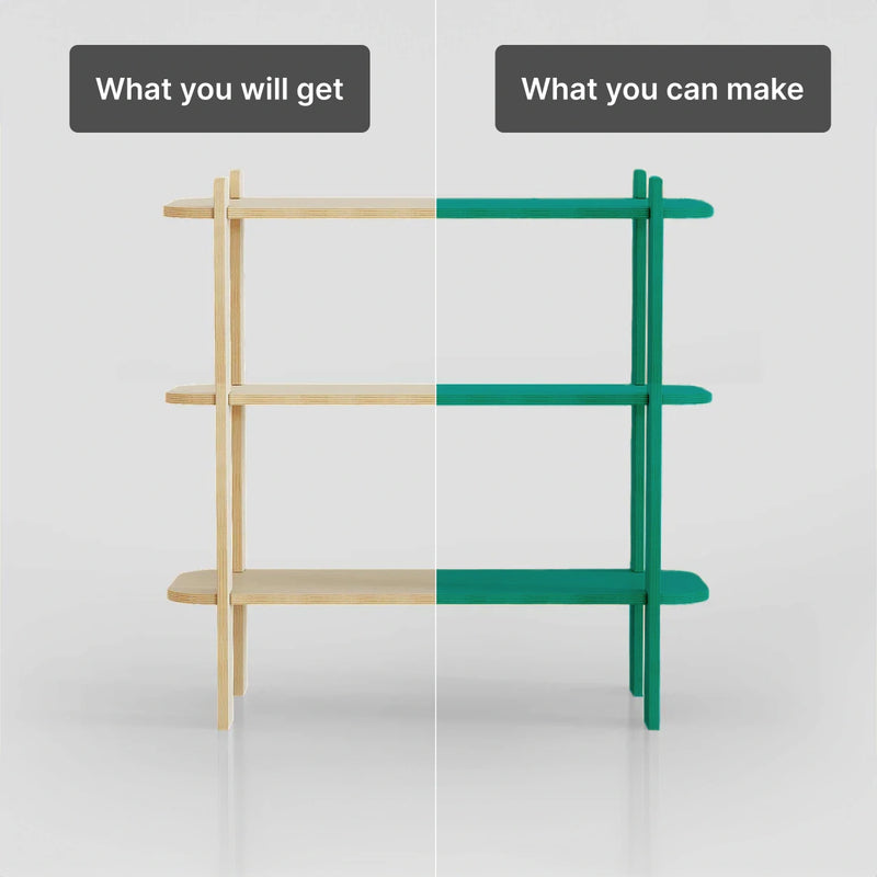 Comparison of wooden shelf: left side shows standard design, right side displays custom colorful version.