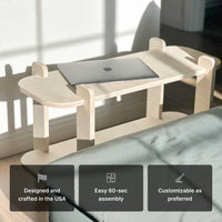 Stylish wooden table crafted in the USA, featuring easy 60-second assembly and customizable design options.