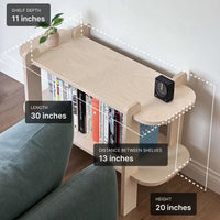 Modern bookshelf with dimensions: 30" length, 11" depth, 20" height, and 13" shelf spacing, styled in a cozy living room.