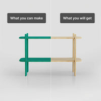 Side-by-side comparison of a DIY shelf design and the final product showing different styles and finishes.