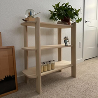Natural wooden shelf with potted plant and decorative items, enhancing home decor and organization.