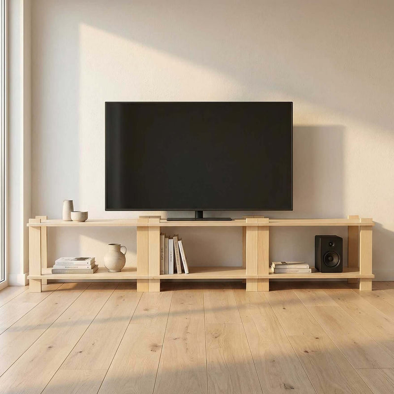 Modular Shelf displayed as a TV stand in a modern living room, showcasing versatility and stylish design.