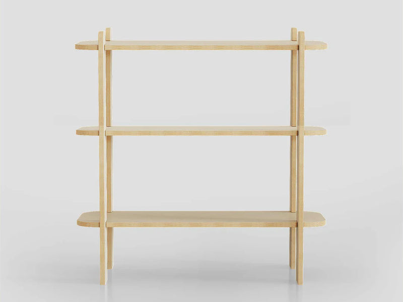 Minimalist wooden shelving unit with three open shelves, perfect for modern decor and storage solutions.