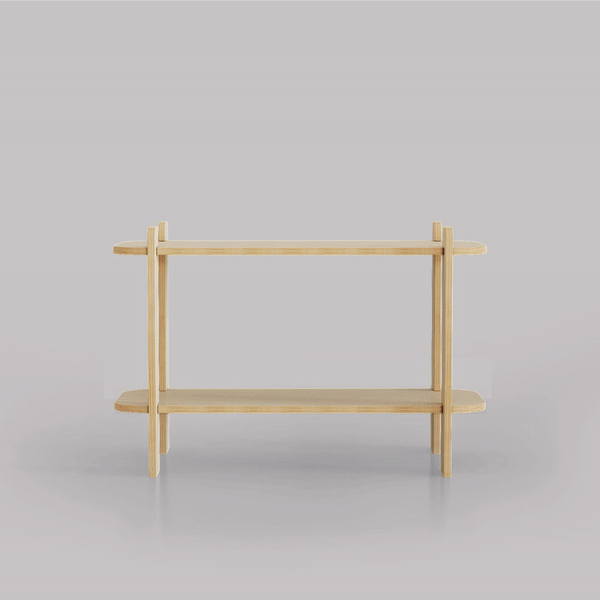 Minimalist wooden shelf with two levels, perfect for displaying items in modern home decor.