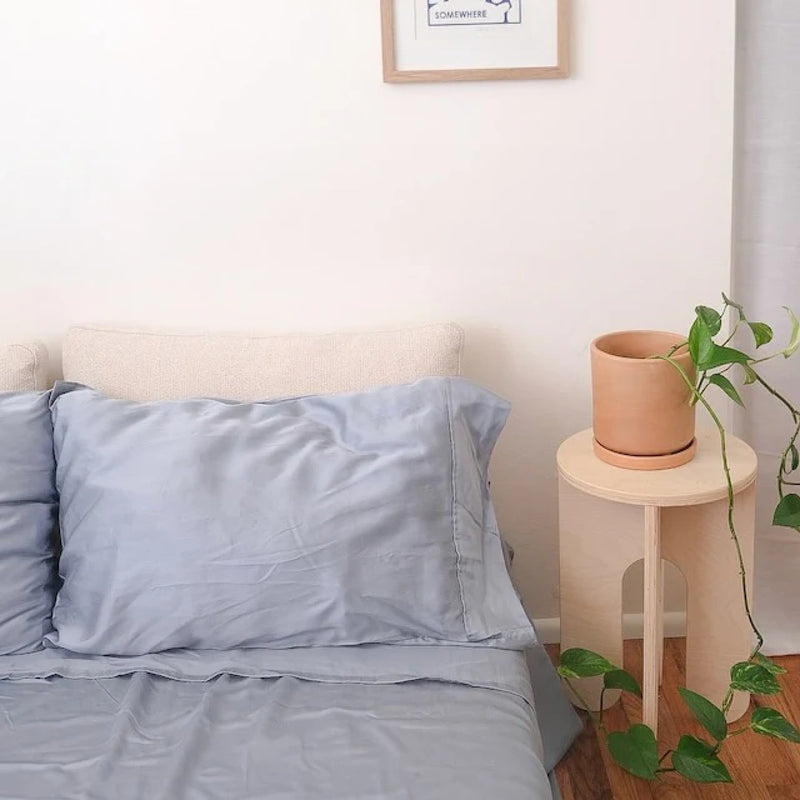 Cozy bedroom setup with soft blue bedding, decorative pillows, and a potted plant on a wooden side table.