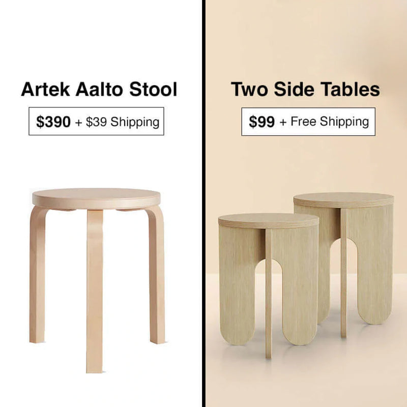 Comparison of Artek Aalto Stool and two side tables with prices and shipping details.