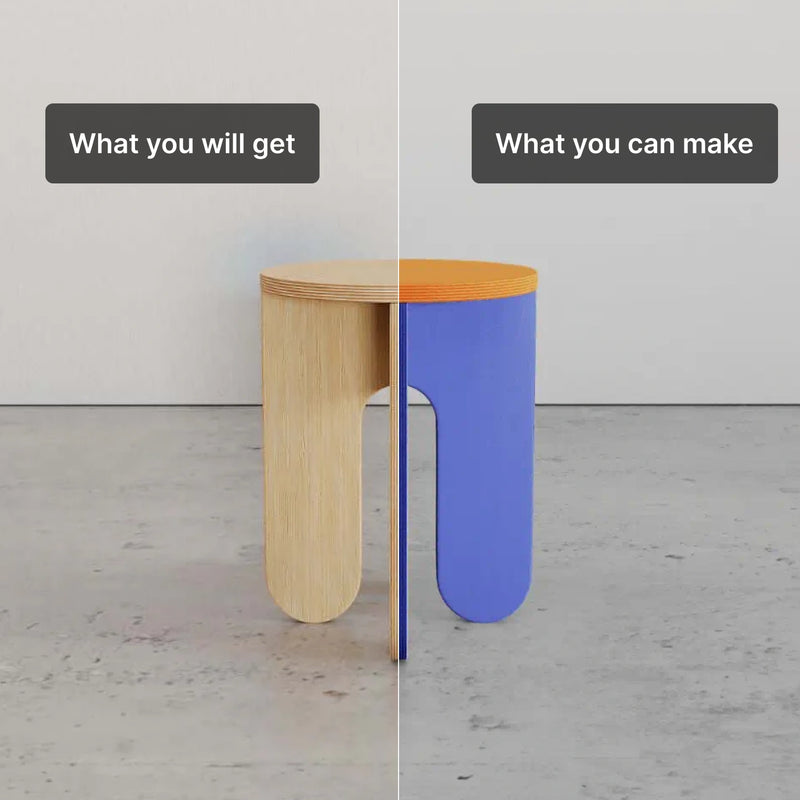 Comparison image of a table design showcasing the final product on the left and a customizable option on the right.