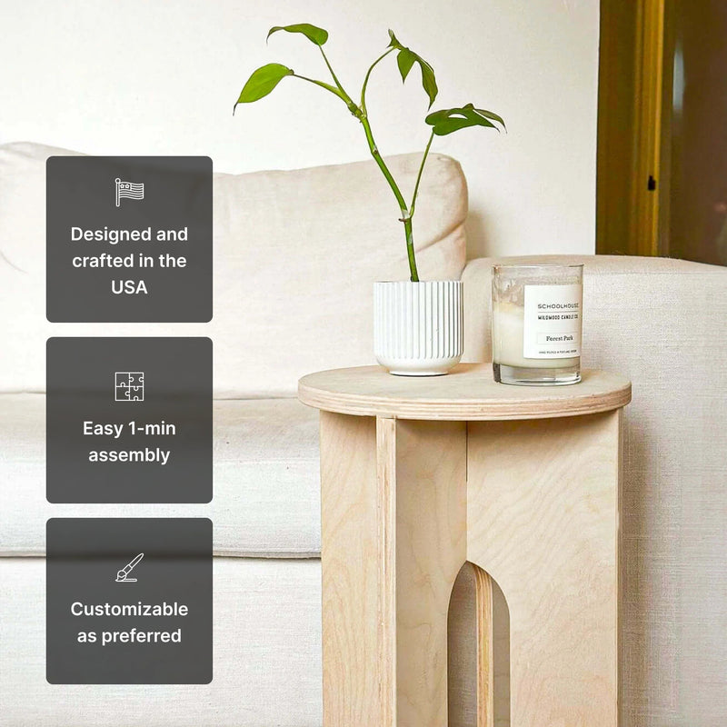 Stylish wooden side table with plant, candle, and customizable options, designed for easy assembly in the USA.