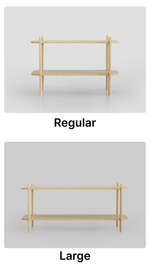 Comparison of regular and large wooden shelves showcasing distinct sizes and design features.