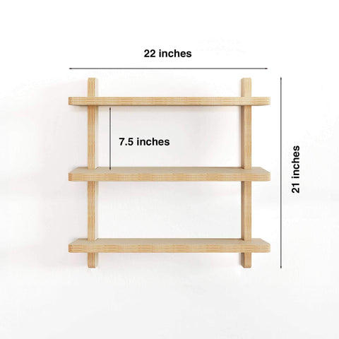 Wall Shelves in 22-inch size with three tiers, measuring 8 inches deep and 21 inches tall.