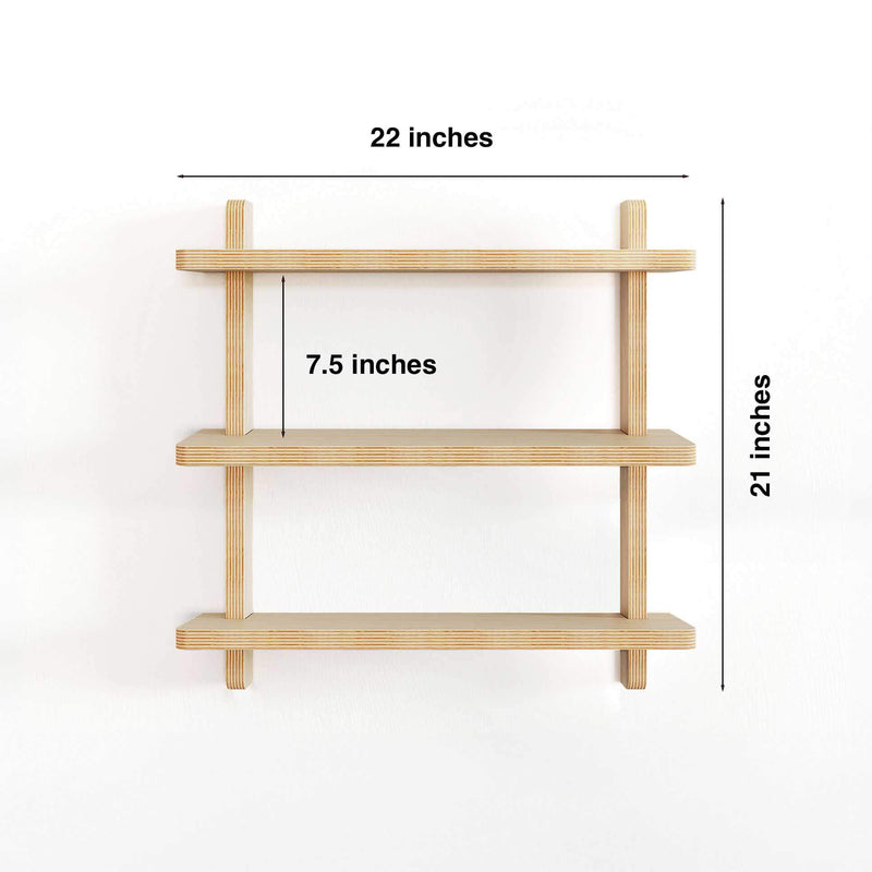 Wall Shelves in 22-inch size with three tiers, measuring 8 inches deep and 21 inches tall.