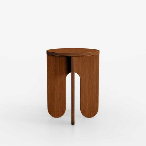 Elegant brown wooden side table with a modern design and circular top, perfect for contemporary decor.